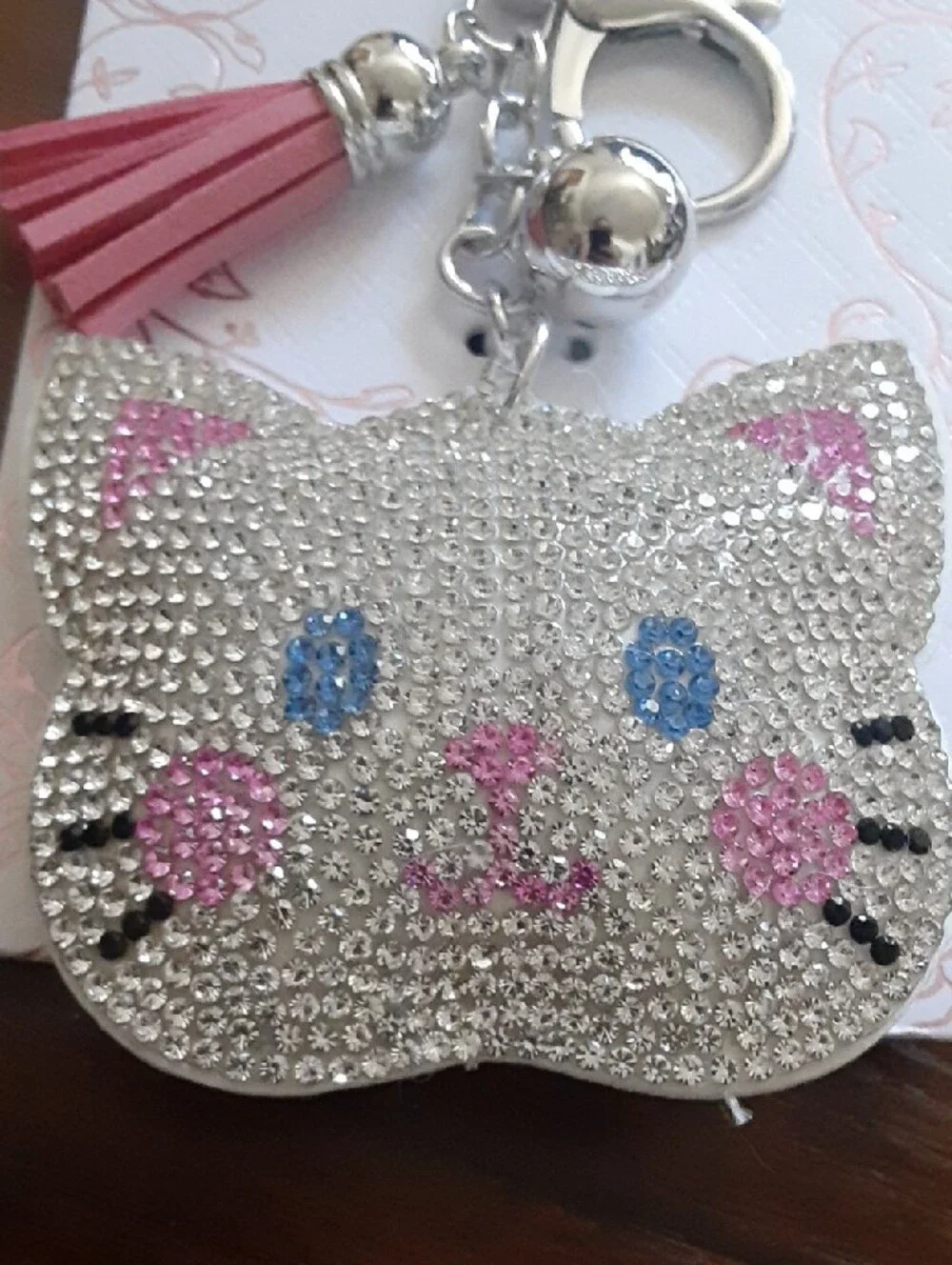 Blingy Cat Keychain with Pink Tassel and Blue Eyes
